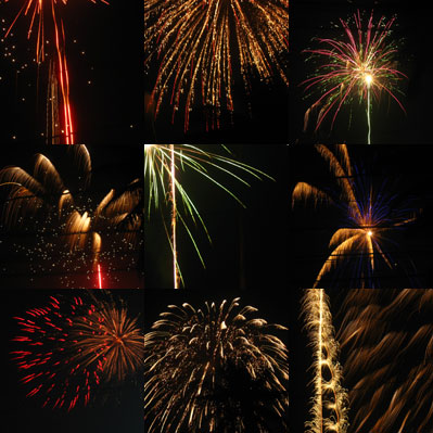  Montage of nine fireworks photos.