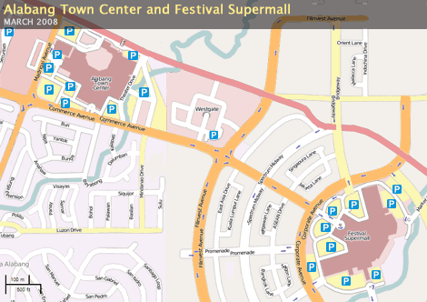  OpenStreetMap map of Alabang Town Center and Festival Supermall showing the malls’ buildings and parking spaces.