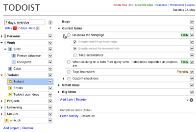  Screenshot of a Todoist tasks page showing project hierarchy, tasks with subtasks, tags, dates, and priorities.