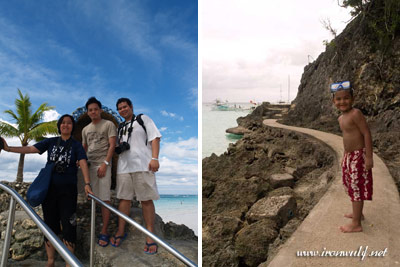  Ferdz’ photo of Karla, me, and Enrico on top of Willy’s Rock and Ferdz’ photo of a kid along the concrete path to Diniwid Beach.