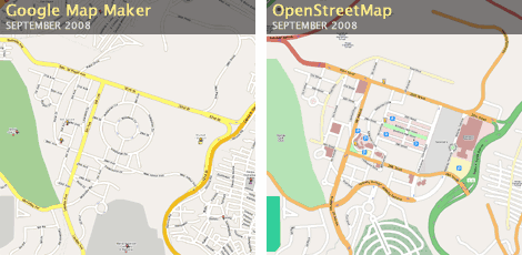  Comparison image of the Fort Bonifacio Global City area between Google Map Maker and OpenStreetMap.