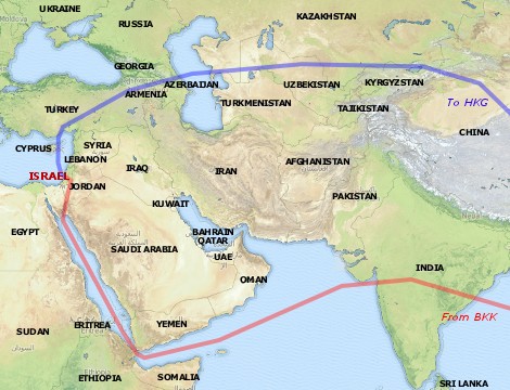  Map of El Al Israel flights for the BKK–TLV and TLV–HKG routes
