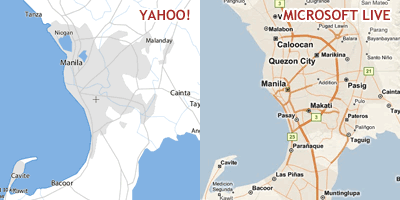  Screenshot of Yahoo! Maps and Microsoft Live Maps showing the major roads of Metro Manila.